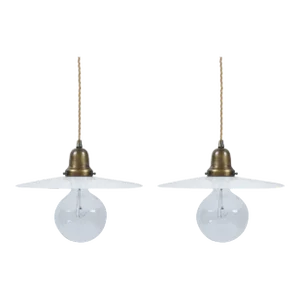 Pair of Antique 12" Milk Glass Hanging Disc Pendants , C. 1914