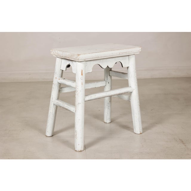 Rustic Vintage Chinese Rustic Country Style White Painted Wooden Stool For Sale - Image 3 of 16