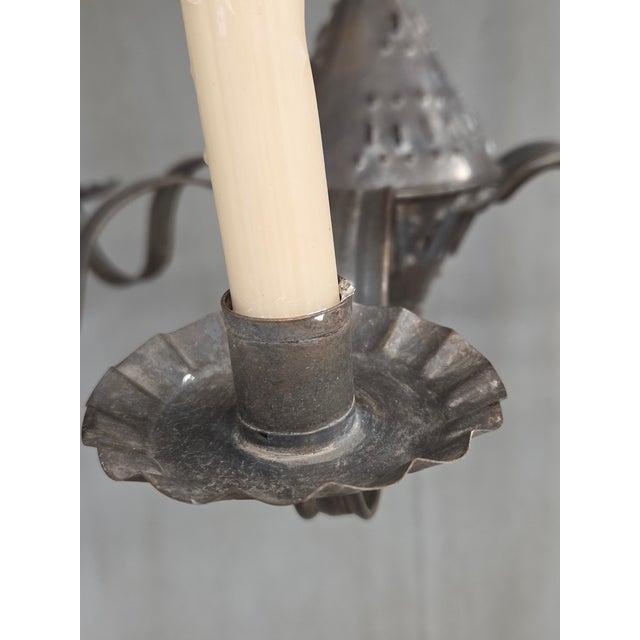 Antique Punched Tin Six-Arm Candle Chandelier, New Mexico, Spanish Colonial Style For Sale - Image 14 of 16