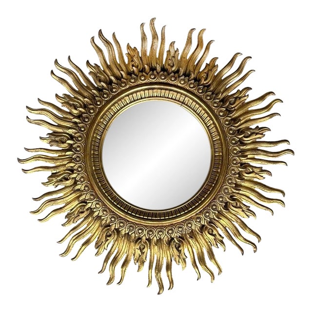 1940s Monumental Carved Sunburst Wall Mirror, Francisco Hurtado Attributed For Sale