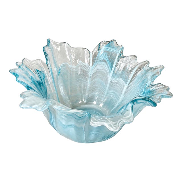 Vintage Blue Art Glass Bowl | Sculptural Ruffled Freeform Rim | Handkerchief Style For Sale