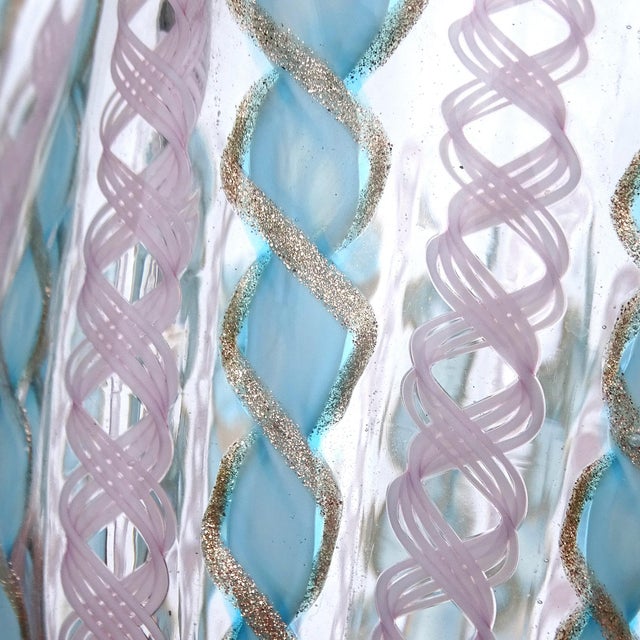 Sky Blue Vintage Murano Blue Pink Copper Aventurine Flecks Zanfirico Ribbons Italian Art Glass Fazzoletto Vase For Sale - Image 8 of 8