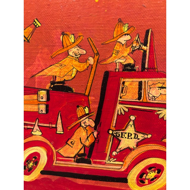 Pair of Vintage Post Modern Signed 1972 Whimsical Folk Paintings on Stretched Canvas – Fire Truck & Marching Band (Pair For Sale - Image 11 of 18