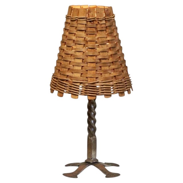 Mid-Century Table Lamp in Wrought Iron with Woven Rattan Shade, 1960s For Sale - Image 11 of 11