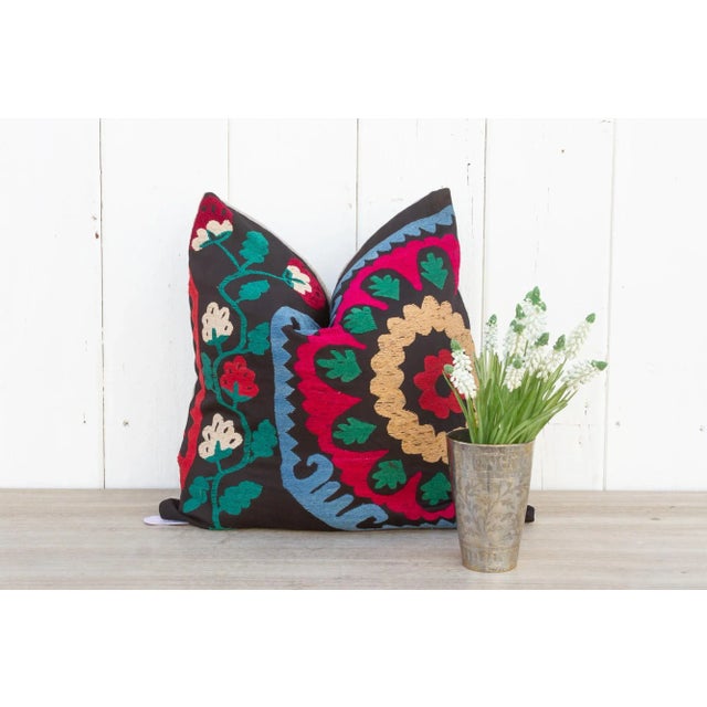 Black Taara Vintage Suzani Square Pillow For Sale - Image 8 of 9