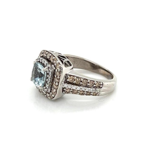 Mid 20th Century LeVian Aquamarine White & Chocolate Diamond Ring in 14k White Gold Size 4.5 For Sale In Miami - Image 6 of 8