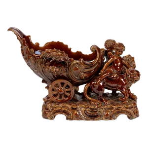 Large Rockingham Treacle Ware Pottery Centerpiece, Chariot Drawn by Lions