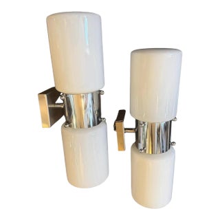 Set of Two 1960s Space Age Steel and Glass Italian Big Wall Sconces by Mazzega For Sale