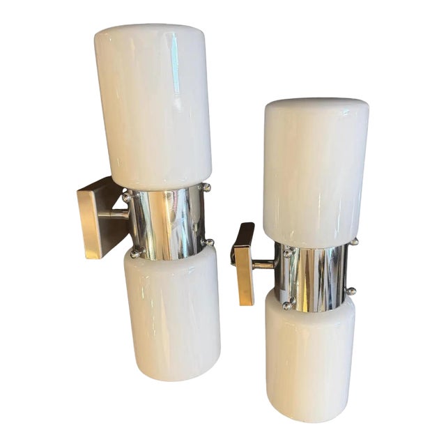 Set of Two 1960s Space Age Steel and Glass Italian Big Wall Sconces by Mazzega For Sale