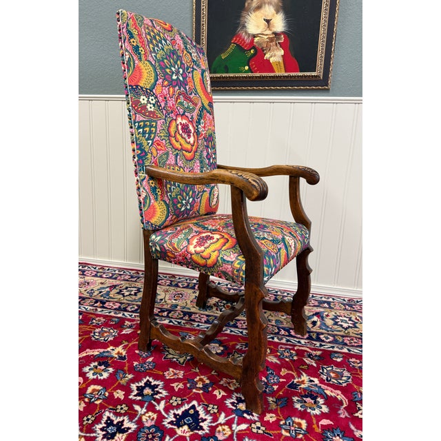Antique Pair of Catalan Style Carved Oak Recently Upholstered Armchairs C. 1920s For Sale - Image 13 of 18