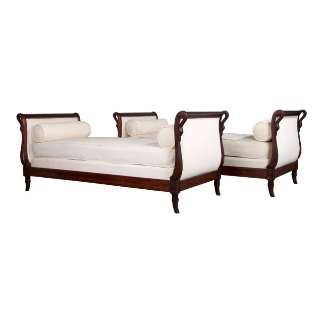 Antique French Empire Swan Neck Mahogany Daybeds W/ Cream Woven Fabric - a Pair For Sale