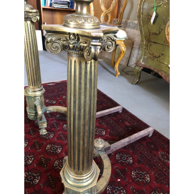 1900 Neoclassical Brass Pillar Fireplace Andirons - a Pair For Sale - Image 12 of 13