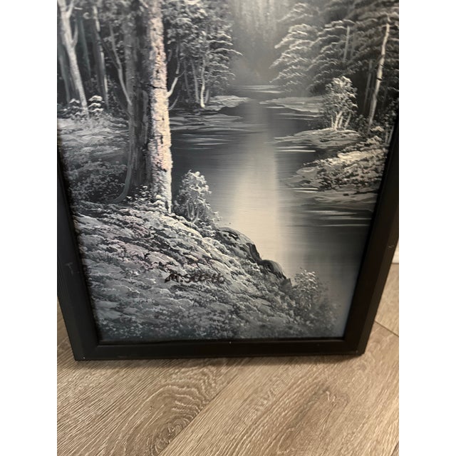 Art Deco Vintage Black White Riverscape Misty Mountains Oil Painting by M. Scott 14x27 For Sale - Image 3 of 7