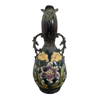 Early 20th Century French Art Nouveau Barbotine Majolica Faience Vase For Sale