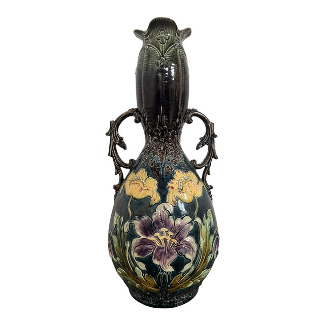 Early 20th Century French Art Nouveau Barbotine Majolica Faience Vase For Sale