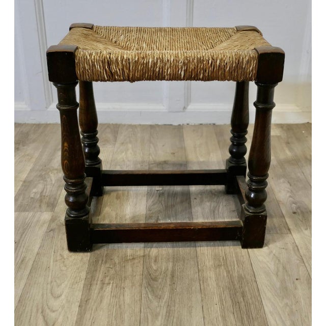 Woven Rush Seated Oak Joint Stool For Sale - Image 5 of 9