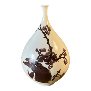 Mid-Century Asian White Pottery Bottle Vase With Brown Plum Blossoms