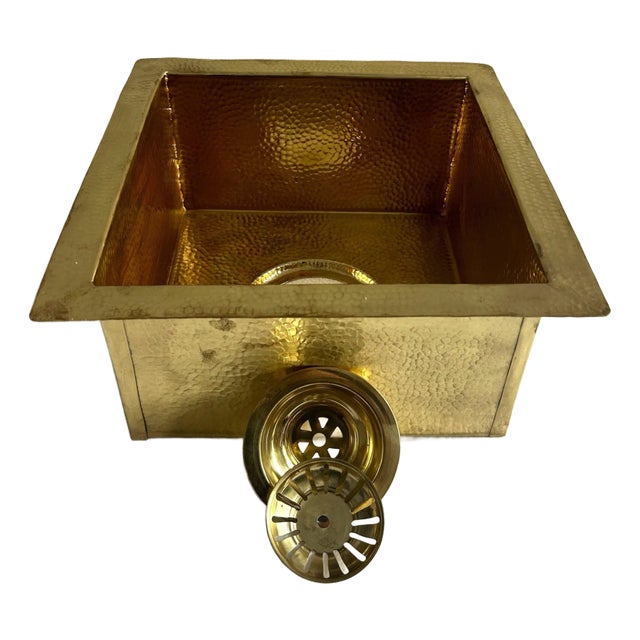 Farmhouse Country Square Brass Hammered Finish Drop-In Sink & Brass Drain For Sale