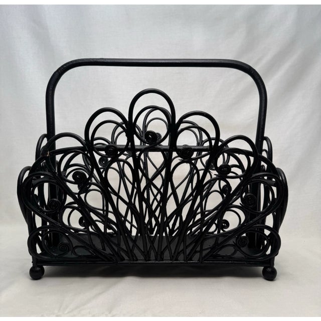 Boho Chic Black Painted Rattan Magazine Rack For Sale - Image 11 of 12