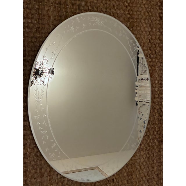 Vintage 1957 Mid-Century Venetian Art Deco Oval Wall Mirror - Frosted & Etched Floral Glass Border, Smooth Wood Backing For Sale - Image 10 of 14