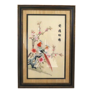 Vintage Embroidered Chinese Silk Panel With Birds and Flowers For Sale