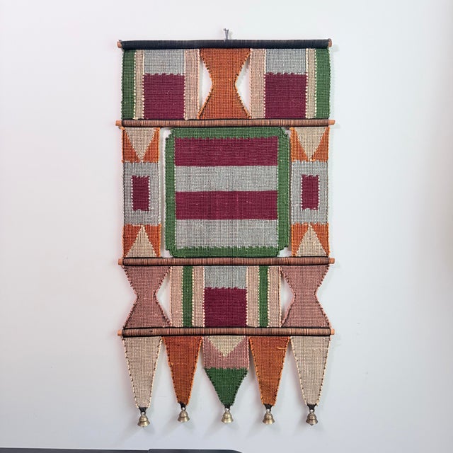 1970s Vintage 1970s Geometric Studio Fiber Art Wall Hanging in Earth Tones With Brass Bells For Sale - Image 5 of 5