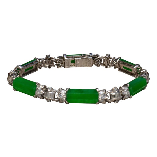 The Pulsera: Outstanding Signed Imperial Fei Cui Jadeite A Jade Bracelet set with Diamonds For Sale