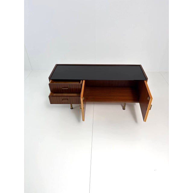 Brown Vintage Two-Tone Wood Sideboard with Black Glass Top, 1960s For Sale - Image 8 of 18