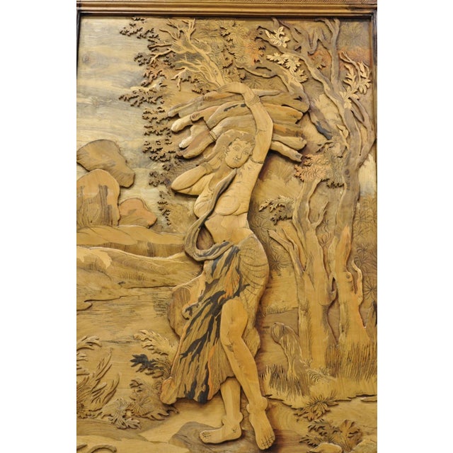 Vintage Large 60" Anglo Indian High Relief Carved Wood Thai Woman Art Plaque For Sale - Image 14 of 17