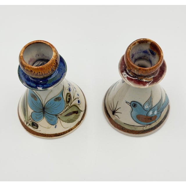 Folk-Art Ken Edwards Palomar Tonala Pottery Hand Painted 2pc Set Candle Holders For Sale - Image 4 of 8