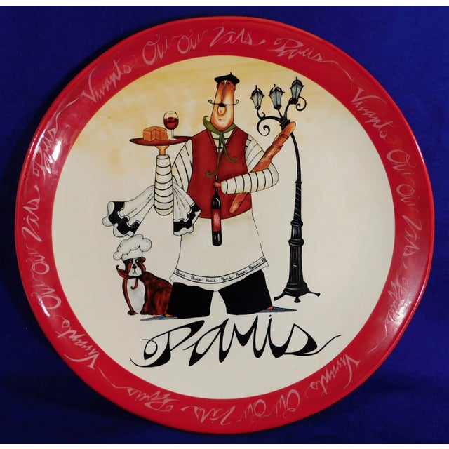 Wonderful large vintage red, black, and white ceramic whimsical "Paris" French chef round serving platter. Great whimsical...