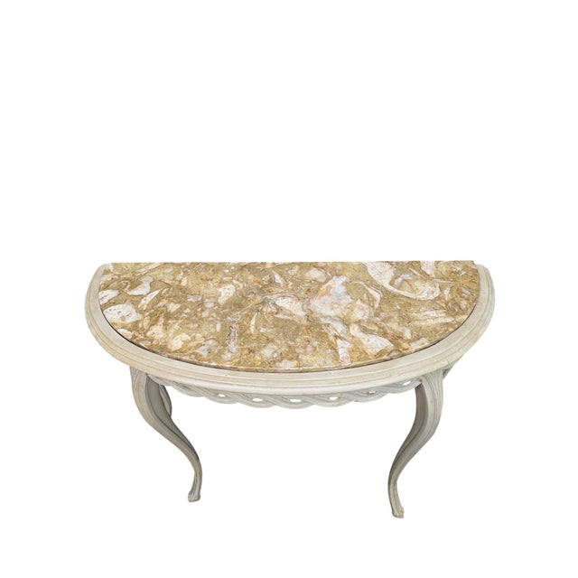 French Provincial Vintage French Demilune Onyx Top Console Table With Braided Apron For Sale - Image 3 of 10