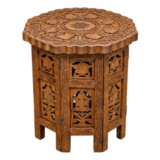 Antique Middle Eastern Octagonal Carved Side Table with Brass Inlay, 1890s For Sale