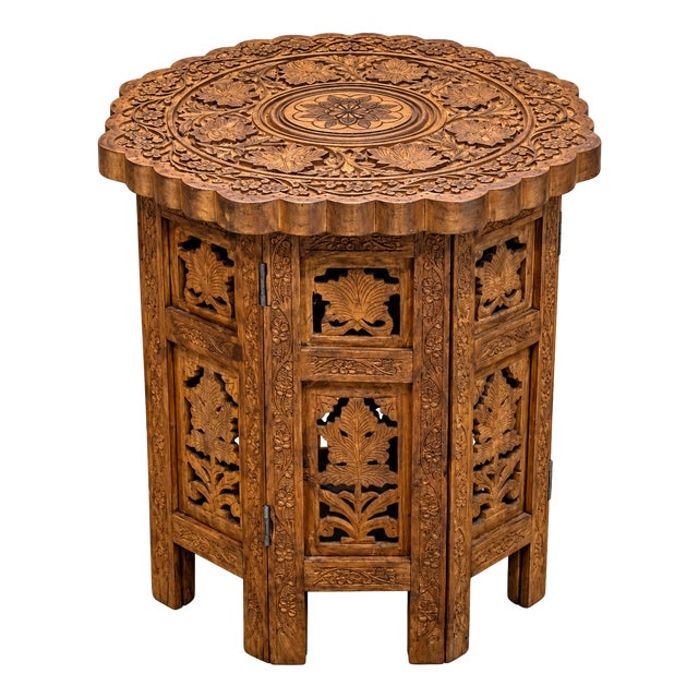 Antique Middle Eastern Octagonal Carved Side Table with Brass Inlay, 1890s For Sale