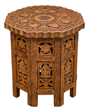 Antique Middle Eastern Octagonal Carved Side Table with Brass Inlay, 1890s