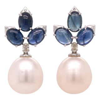 Cabochon Sapphire, Diamond and Pearl Platinum Drop Earrings - Fei Liu, Pair For Sale