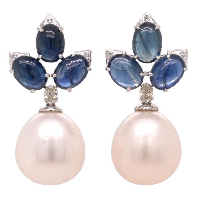 Cabochon Sapphire, Diamond and Pearl Platinum Drop Earrings - Fei Liu, Pair For Sale