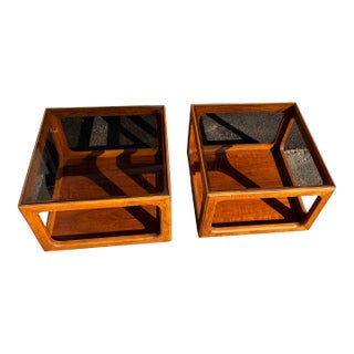 1970s Midcentury Modern Side Tables, Cube Shaped Walnut and Smoked Glass-Top End Tables, Set of Two For Sale