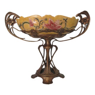 Antique Art Nouveau Bronze and Ceramic Floral Motif Centerpiece For Sale