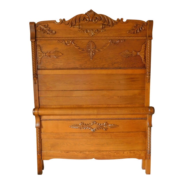 Antique C1900 Solid Oak Carved Wood Full Size Headboard and Footboard