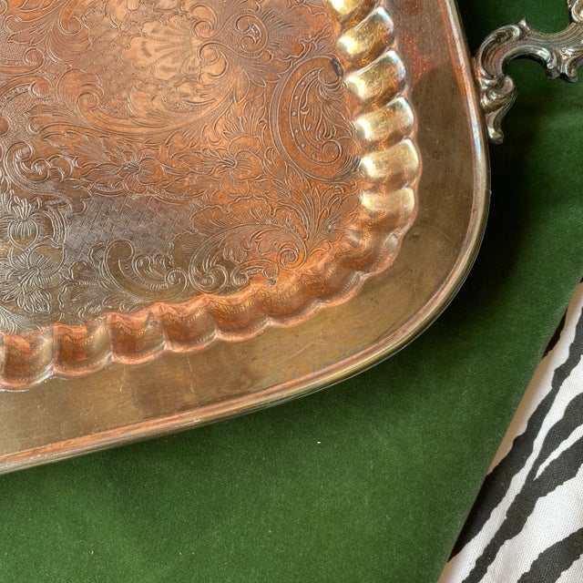 Metal 1970s Large Footed Silver Serving Tray With Etchings For Sale - Image 7 of 11
