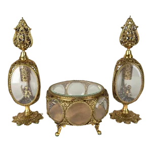 Belle Epoque Ormulu Filigree Ornate Perfume Bottles & Jewlery Box, Set of 3 Pcs