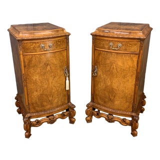 Tall Burr Walnut Pedestal Cupboards, 1910, Set of 2 For Sale