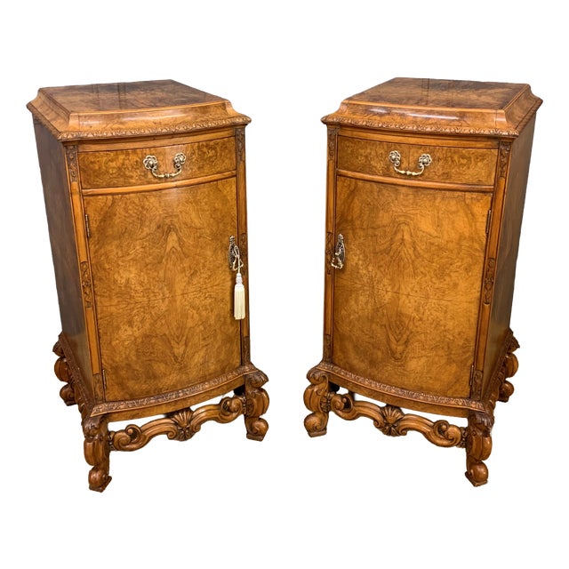 Tall Burr Walnut Pedestal Cupboards, 1910, Set of 2 For Sale