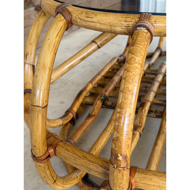 Vintage Coastal Sculptural Rattan Coffee Table With Original Smoked Glass Top For Sale - Image 9 of 12