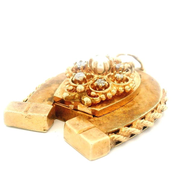 Antique 1880s 14k Rose Gold Horseshoe Locket Pendant With Diamonds & Pearl For Sale - Image 15 of 15