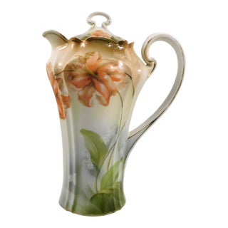 1930s Peach and Green Floral Rs Germany Chocolate Pot Teapot # 27013 For Sale