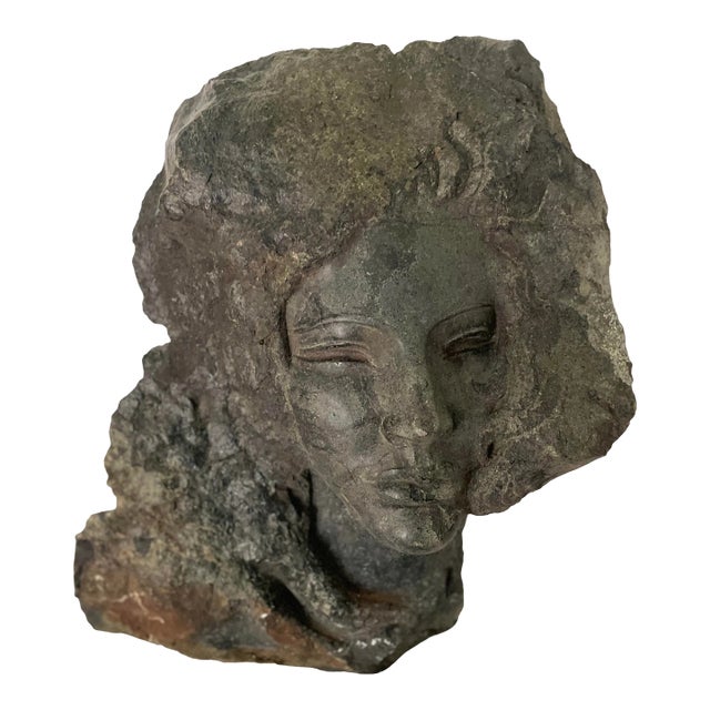 Female Sculpture Carved Stone Bust of a Woman Signed by Artist Charles Cutler - Mid Century For Sale