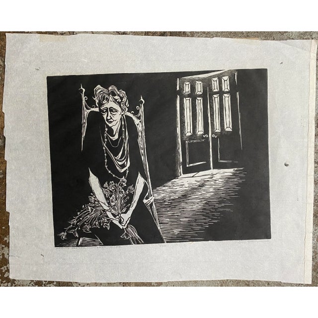 1970s illegibly signed woodcut titled "Waiting for the Gentleman Caller."