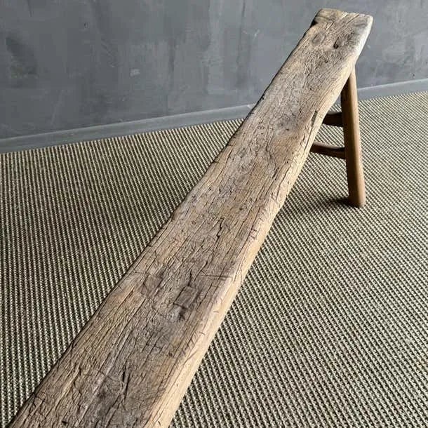 Brown 1940s Vintage One of a Kind Elm Wood Skinny Bench 78" For Sale - Image 8 of 8